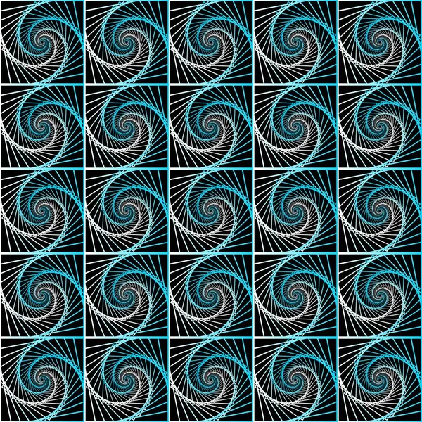 要旨白と青の渦巻き線の渦巻線は 黒い背景に波のシームレスな民族パターンを形成する ベクトルイラスト 包装紙 — ストックベクタ