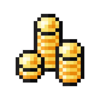 Bir sürü altın sikke piksel sanatı. Vektör illüstrasyonu.