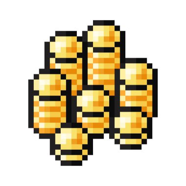 Bir sürü altın sikke piksel sanatı. Vektör illüstrasyonu.