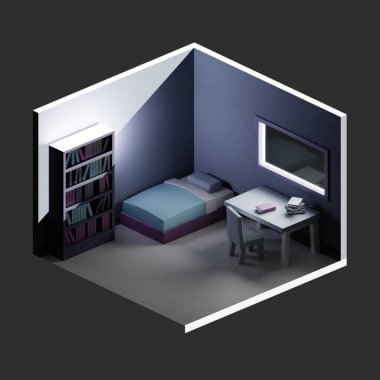 Koyu mor yatak odası Isometric düşük polimerli 3D görüntüleme.