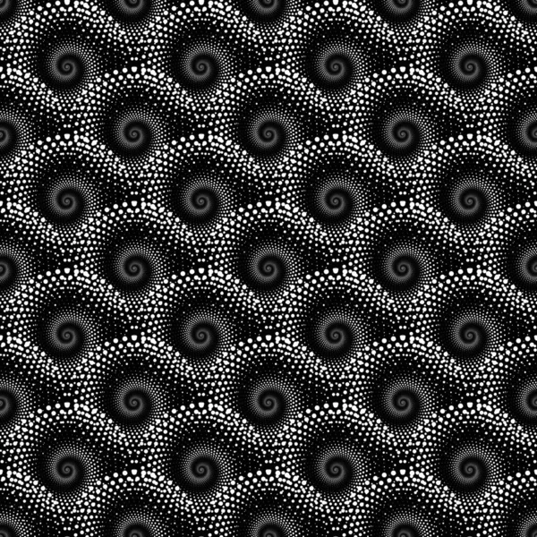 White Abstract Circles Spiral Halftone Seamless Pattern Black Background Vector — Stock Vector