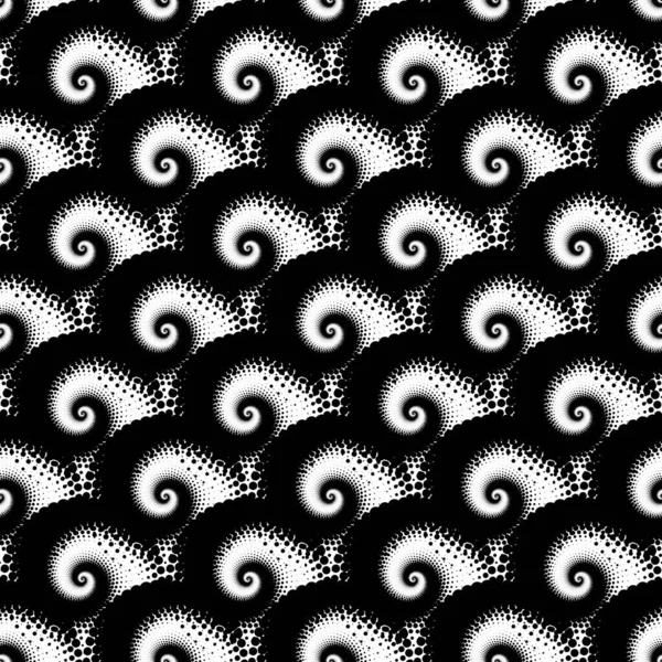 Black Abstract Circles Spiral Halftone Seamless Pattern White Background Vector — стоковый вектор
