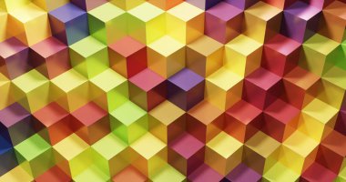 Soyut arkaplan. Küp Panoramik Arkaplan. Renkli Grafik Tasarımı. 3D görüntüleme. Çok renkli küpler.