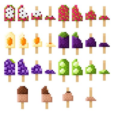 Meyve ve sebzeli dondurma piksel resim seti. Vektör illüstrasyonu.