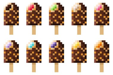 Meyve piksel resim setiyle doldurulmuş çikolata kaplı dondurma. Vektör illüstrasyonu.