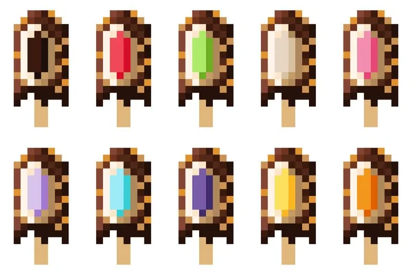 Almond Chocolate Covered Ice Cream Stuffed Fruit Pixel Art Set — Stock Vector