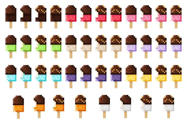 Çikolata Kaplı Dondurma Çubuklarının Pikselli Sanat Seti Vektör Illüstrasyonu — Stok Vektör