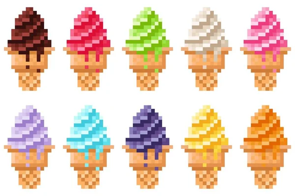 Ice Cream Cone Pixel Art Set Vector Illustration — стоковый вектор