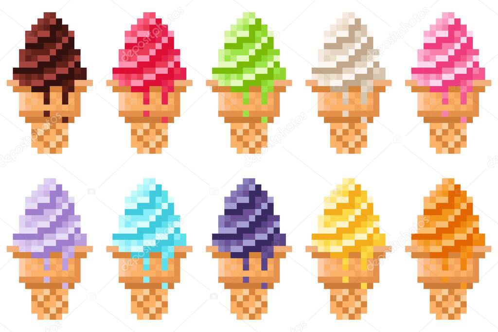 Ice cream cone pixel art set. Vector illustration.