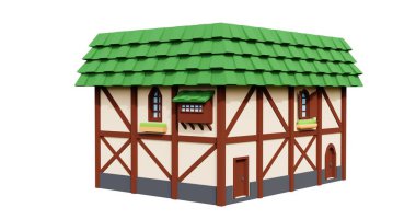 Ortaçağ yeşil çatılı, 2 katlı, 3 boyutlu ev yapımı. Fantezi bina illüstrasyonu. Perspektif mimarisi.