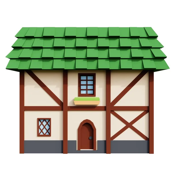 中世の緑の屋根2階建ての家の3Dレンダリング 幻想的な建物のイラスト 正面建築 — ストック写真
