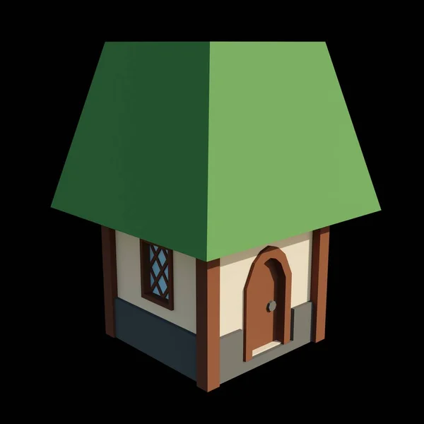 中世の緑の屋根1階建ての家の3Dレンダリング 幻想的な建物のイラスト 遠近法建築 — ストック写真