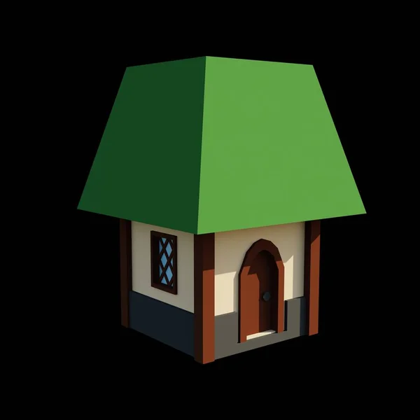 中世の緑の屋根1階建ての家の3Dレンダリング 幻想的な建物のイラスト 遠近法建築 — ストック写真