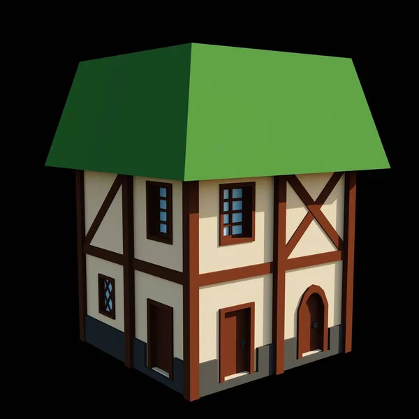 Middeleeuws Groen Dak Verdiepingen Huis Rendering Fantasiegebouw Illustratie Perspectieve Architectuur — Stockfoto