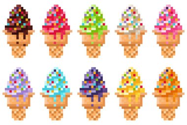 Dondurma külahında şeker taneleri, pikseller serpiştirilmiş. Vektör illüstrasyonu.