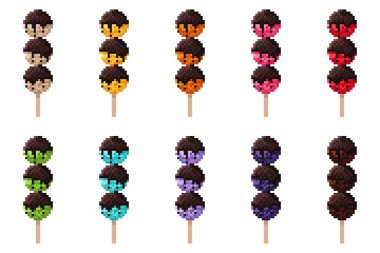 Çikolata kaplı köfteli dondurma serpiştirilmiş pikselli sanat seti. Vektör illüstrasyonu.