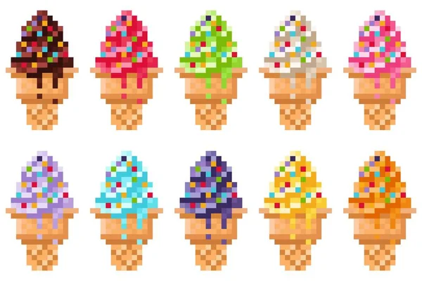 Cono Helado Espolvoreado Con Copos Azúcar Pixel Art Set Ilustración — Vector de stock