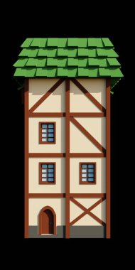 Ortaçağ evi ya da ortaçağ binası 3D görüntüleme. Fantezi bina illüstrasyonu. Ön mimari.