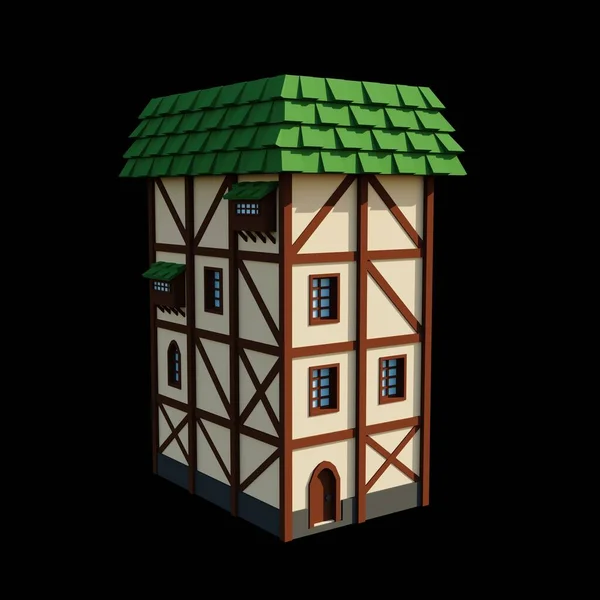 中世の緑の屋根の4階建ての家の3Dレンダリング 幻想的な建物のイラスト 遠近法建築 — ストック写真