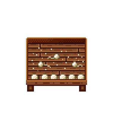 Sebze dükkânı pikseli. Tahta sandıkta mantarlar..