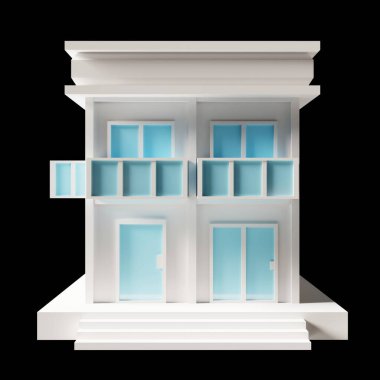 Beyaz bina ya da modern tarz 2 katlı ev modeli. Mimari, düşük polimerli 3D görüntüleme. Mavi pencere.