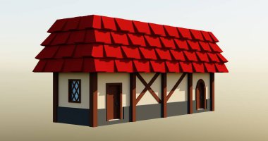 Ortaçağ kırmızı çatılı, 1 katlı, 3 boyutlu ev yapımı. Fantezi bina illüstrasyonu. Perspektif mimarisi.