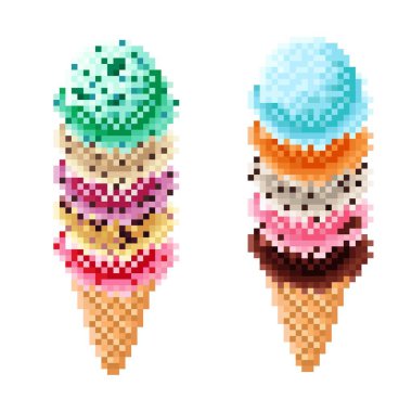 Dondurma külahı pikseli resim seti. Vektör illüstrasyonu.