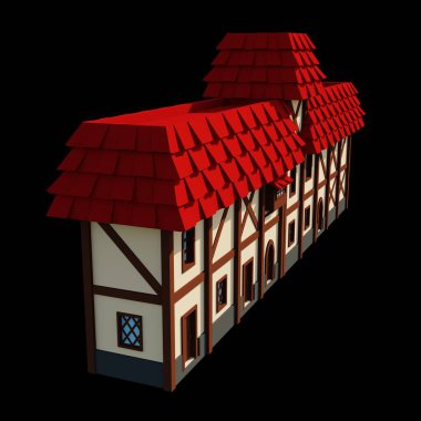Ortaçağ kırmızı çatısı, 2 katlı, 3 boyutlu. Fantezi bina illüstrasyonu. Perspektif mimarisi.