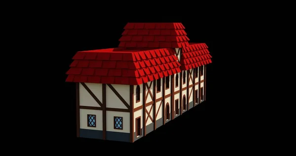 中世の赤い屋根2階建ての学校の3Dレンダリング 幻想的な建物のイラスト 遠近法建築 — ストック写真
