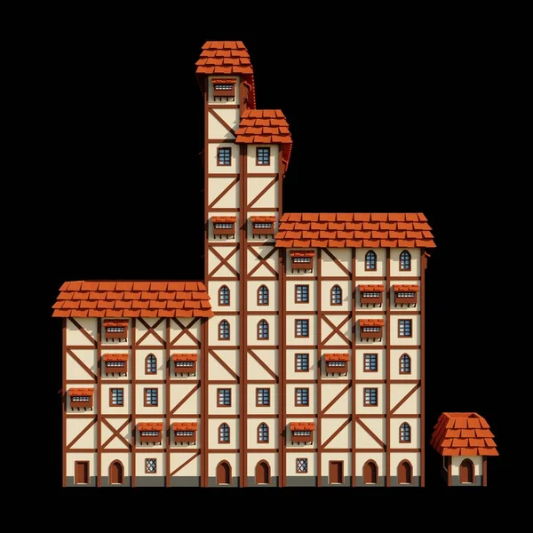 中世のオレンジの屋根12階建ての大きな建物の3Dレンダリング 幻想的な建物のイラスト 正面建築 — ストック写真