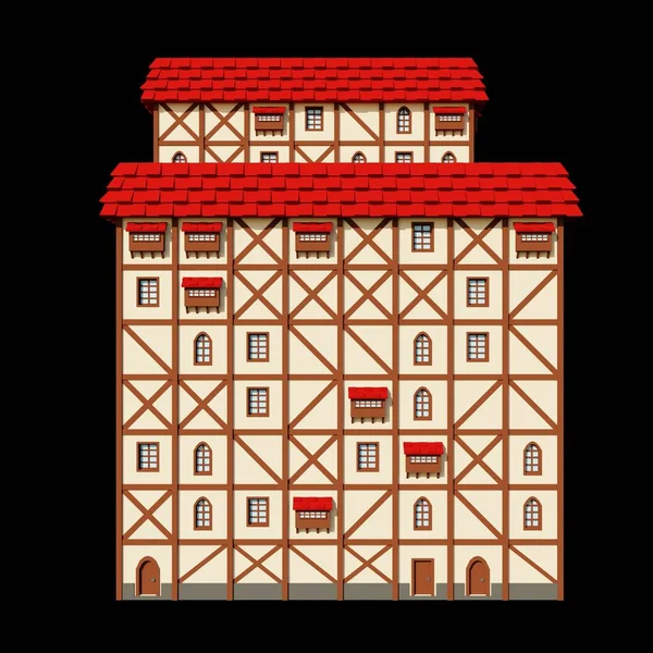 中世の赤い屋根10階建ての大きな建物の3Dレンダリング 幻想的な建物のイラスト サイドアーキテクチャ — ストック写真