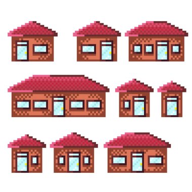 Eski ev pikseli sanat seti. Vektör illüstrasyonu.