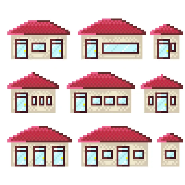 Antigua Casa Pixel Art Set Ilustración Vectorial — Vector de stock