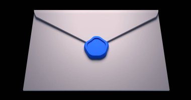 Beyaz ortaçağ zarfında mavi kauçuk mühür ya da balmumu mühür var. Alçak yalan makinesi. 3d oluşturma.