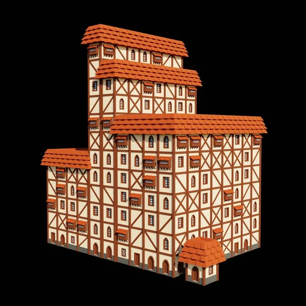 Середньовічний Оранжевий Дах Поверхового Готелю Рендеринга Ілюстрація Будівлі Фентезі Перспективна — стокове фото