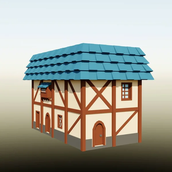 Telhado Azul Medieval Casa Andares Renderização Ilustração Edifício Fantasia Arquitetura — Fotografia de Stock