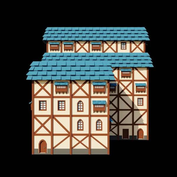 中世の青い屋根7階建てのホテルの3Dレンダリング 幻想的な建物のイラスト サイドアーキテクチャ — ストック写真
