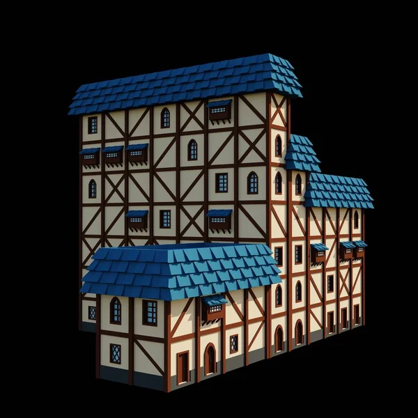 中世の青い屋根7階建てのホテルの3Dレンダリング 幻想的な建物のイラスト 遠近法建築 — ストック写真