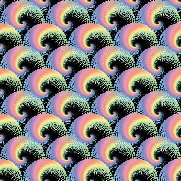 Rainbow pastel abstract circles spiral halftone seamless pattern on the black background.