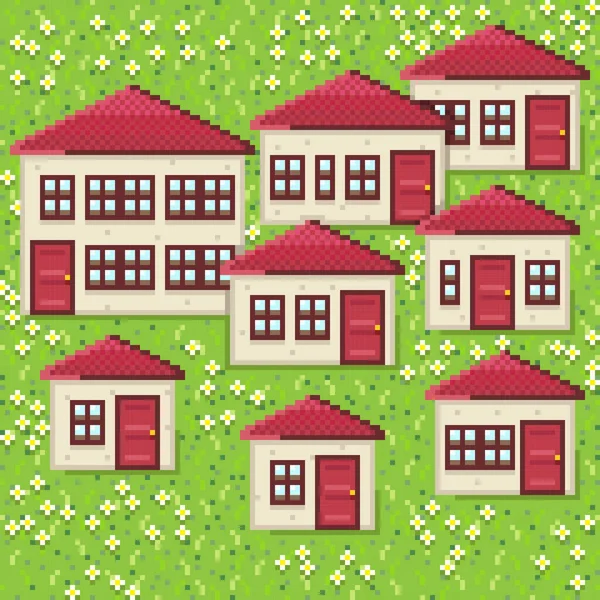 Cute Houses Pixel Art Style Village Pixel Art Vector Picture — Διανυσματικό Αρχείο