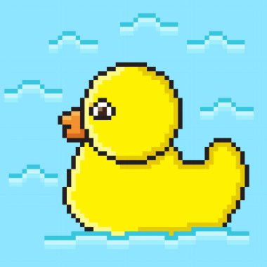 Ördek pikseli. Vektör resmi. Piksel resim 8-bit stili sarı ördek ikonu. Vektör illüstrasyonu.