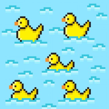 Ördek pikseli. Vektör resmi. Piksel resim 8-bit stili sarı ördek ikonu. Vektör illüstrasyonu.