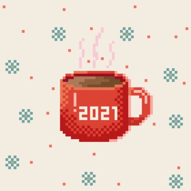 Kahve fincanı pikseli. Vektör resmi. Mutlu yıllar 2021.