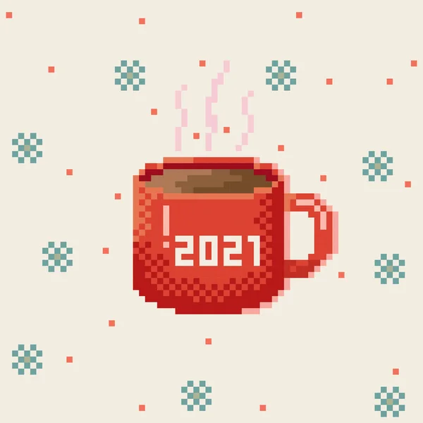 Tazza Caffè Pixel Art Foto Vettoriale Felice Anno Nuovo 2021 — Vettoriale Stock