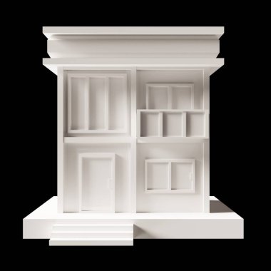 Beyaz bina ya da modern tarz 2 katlı ev modeli. Mimari, 3D görüntülemenin arkasındaki düşük yalan makinesi. 