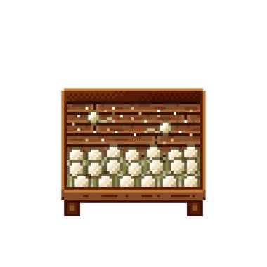 Sebze dükkânı pikseli. Tahta sandıktaki mantarlar. Mantar, pikselli sanat yemek simgesi beyaz arkaplanda izole.