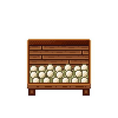 Sebze dükkânı pikseli. Tahta sandıktaki mantarlar. Mantar, pikselli sanat yemek simgesi beyaz arkaplanda izole.