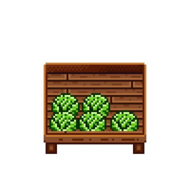 Vegetable shop pixel art. Cabbage in a wooden crate. Green headed cabbage, pixel art on white background.