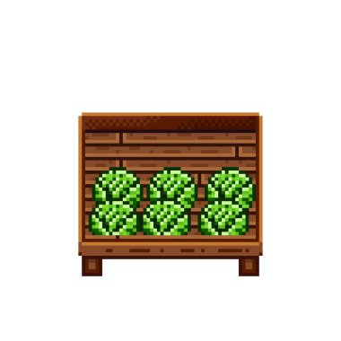 Vegetable shop pixel art. Cabbage in a wooden crate. Green headed cabbage, pixel art on white background.