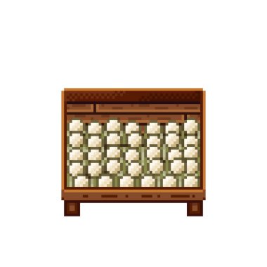 Sebze dükkânı pikseli. Tahta sandıktaki mantarlar. Mantar, pikselli sanat yemek simgesi beyaz arkaplanda izole.